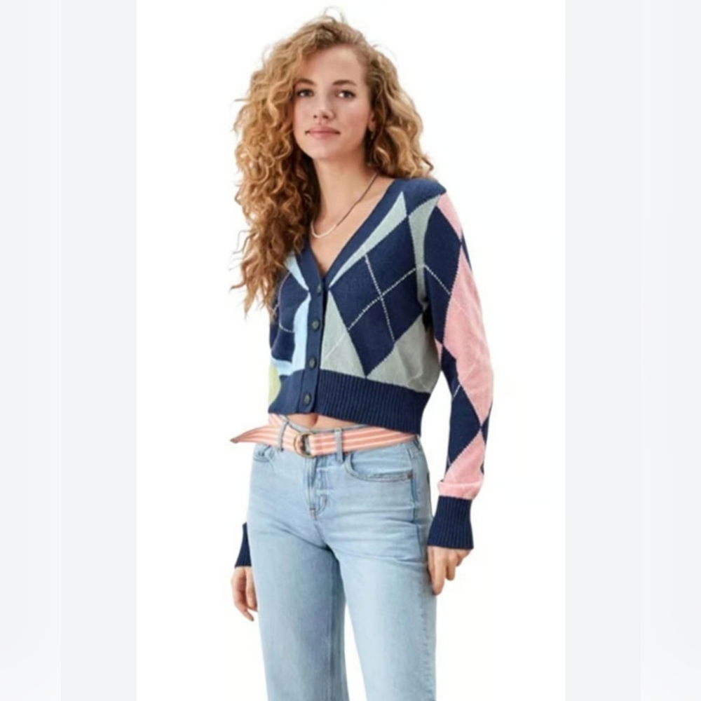American Eagle Cropped Argyle Cardigan Sweater Navy Blue Medium